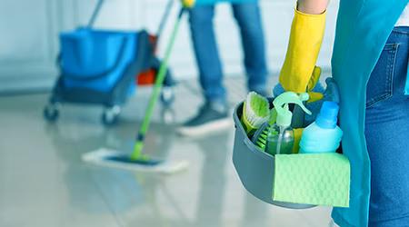 LSGC team using DHA-approved disinfectants for deep cleaning in an Abu Dhabi healthcare facility